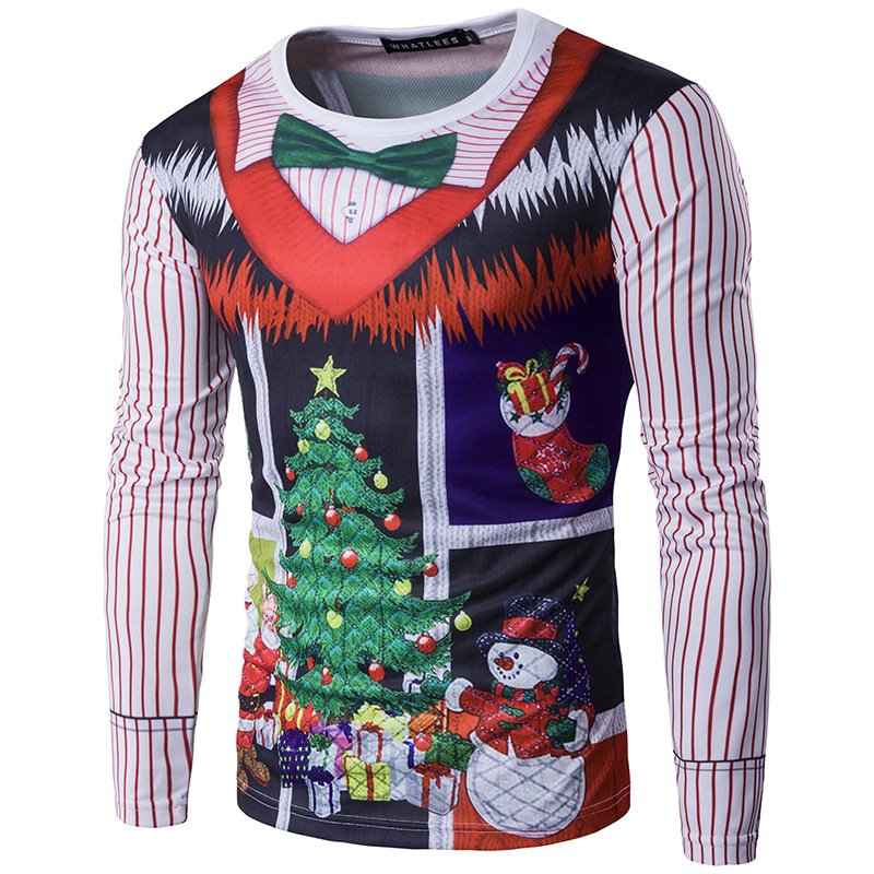 Foreign trade hot sale new men's personality Christmas tree letter printing round neck fake two pieces of 3D long-sleeved T-shirt CT292