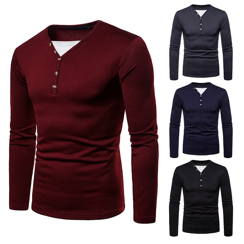 Cross-border men's plus size plus velvet warm henley collar long-sleeved T-shirt bottoming shirt Q113