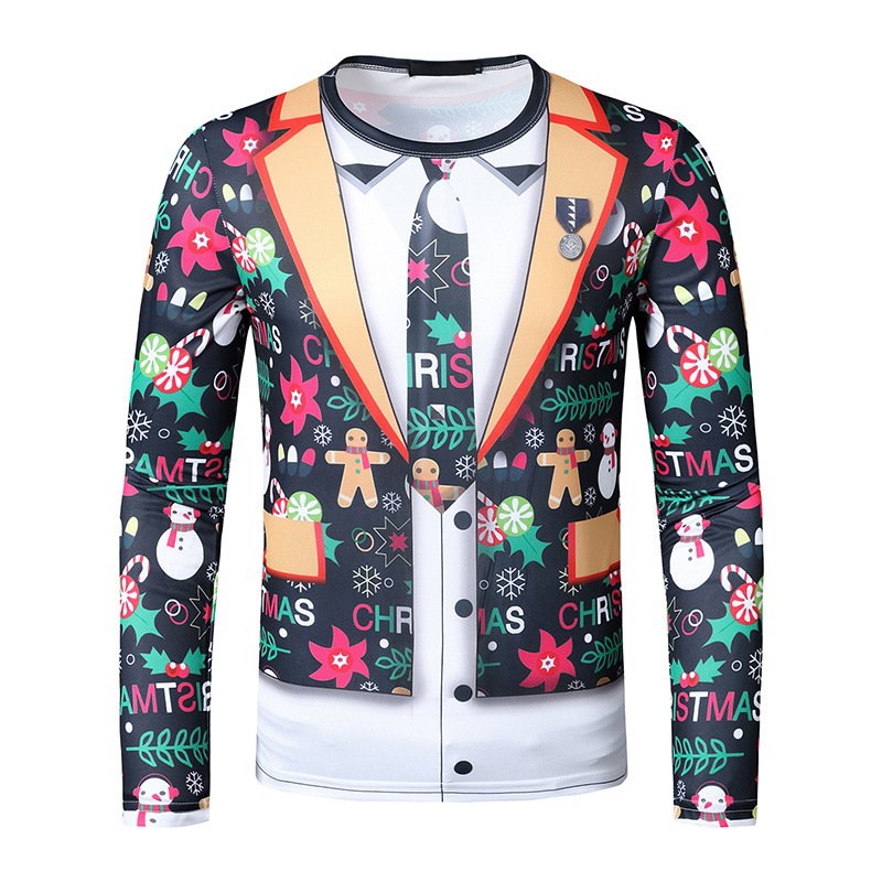 New 3D personality fake two-piece printing fashion men's Christmas long-sleeved T-shirt T25