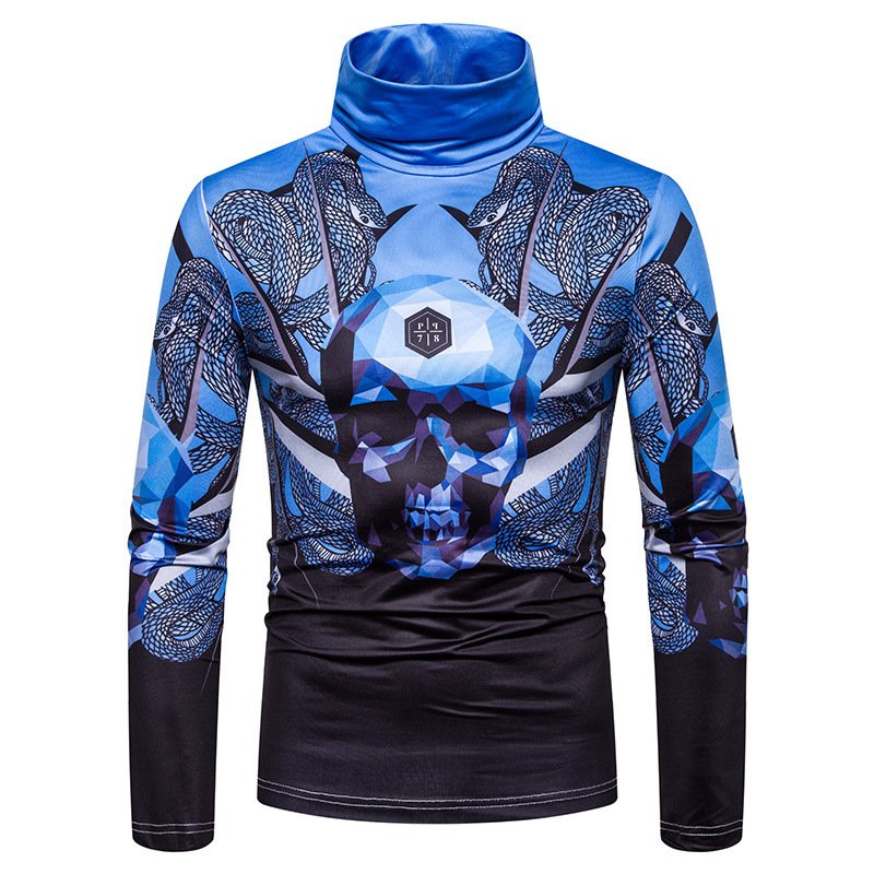 New men's large size 3D snake print skull print high neck long sleeve T-shirt bottoming shirt L19