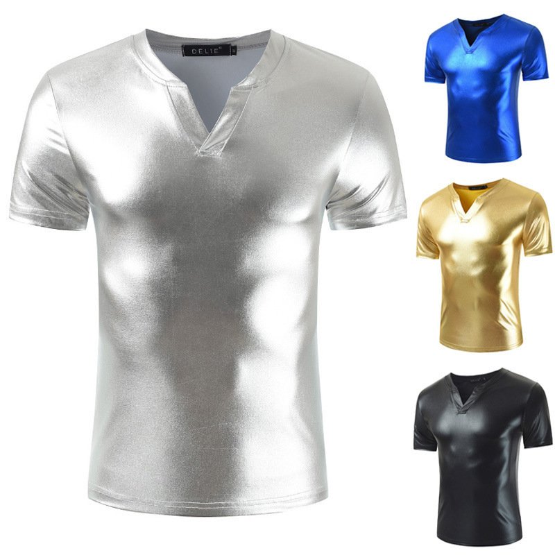 Ouma Men's T-shirt V-neck Solid Color Shiny Nightclub Design Dynamic Fashion Sexy Men's Short Sleeve T-shirt