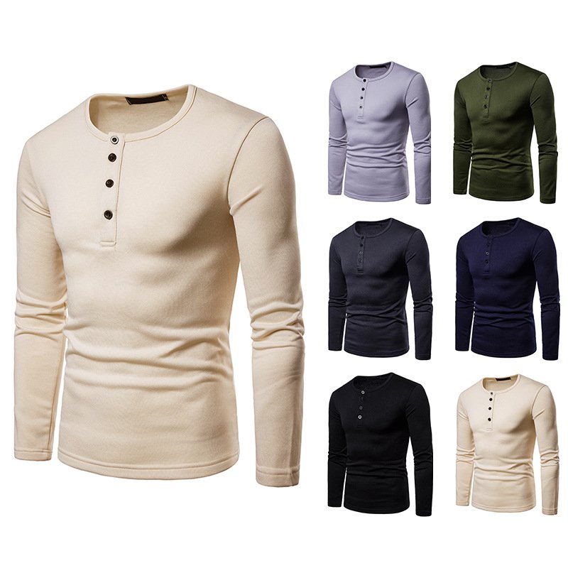 Cross-border men's plus size plus velvet warm henley collar long-sleeved T-shirt bottoming shirt Q110