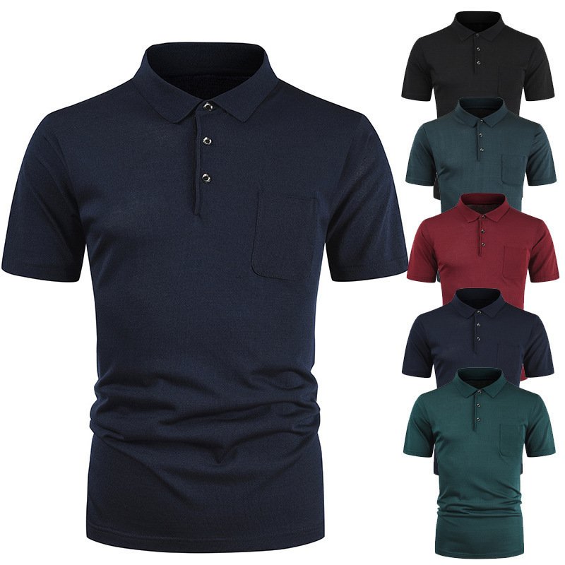 New fashion men's European and American pullover T-shirt youth solid color pocket lapel T-shirt