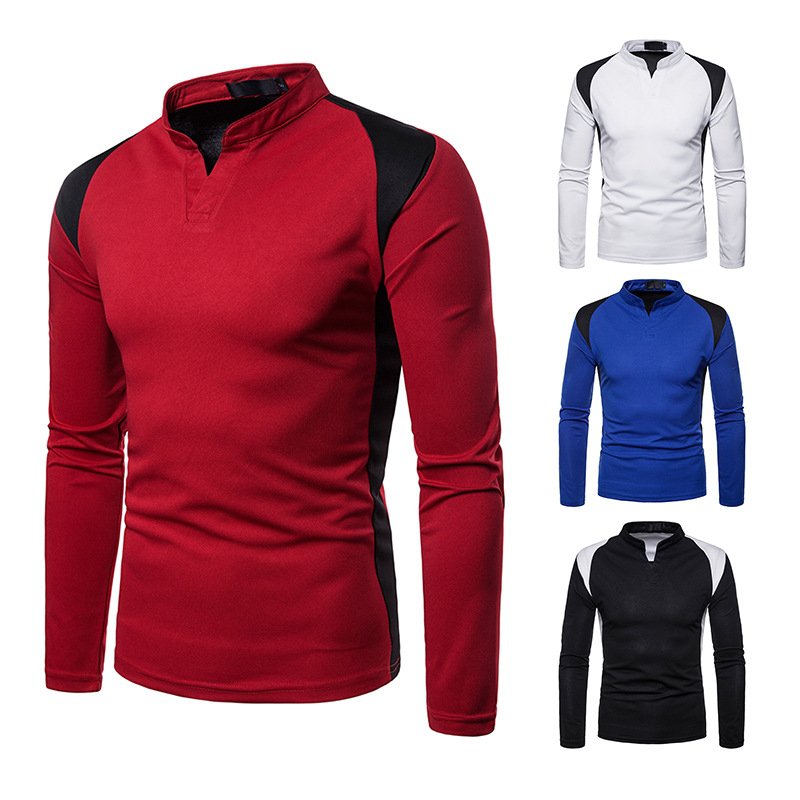 Cross-border men's irregular stitching long-sleeved plus size Henry collar T-shirt Q117