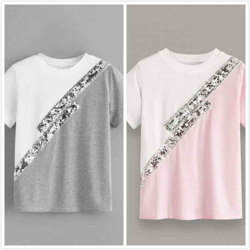 Summer new color matching sequined T-shirt