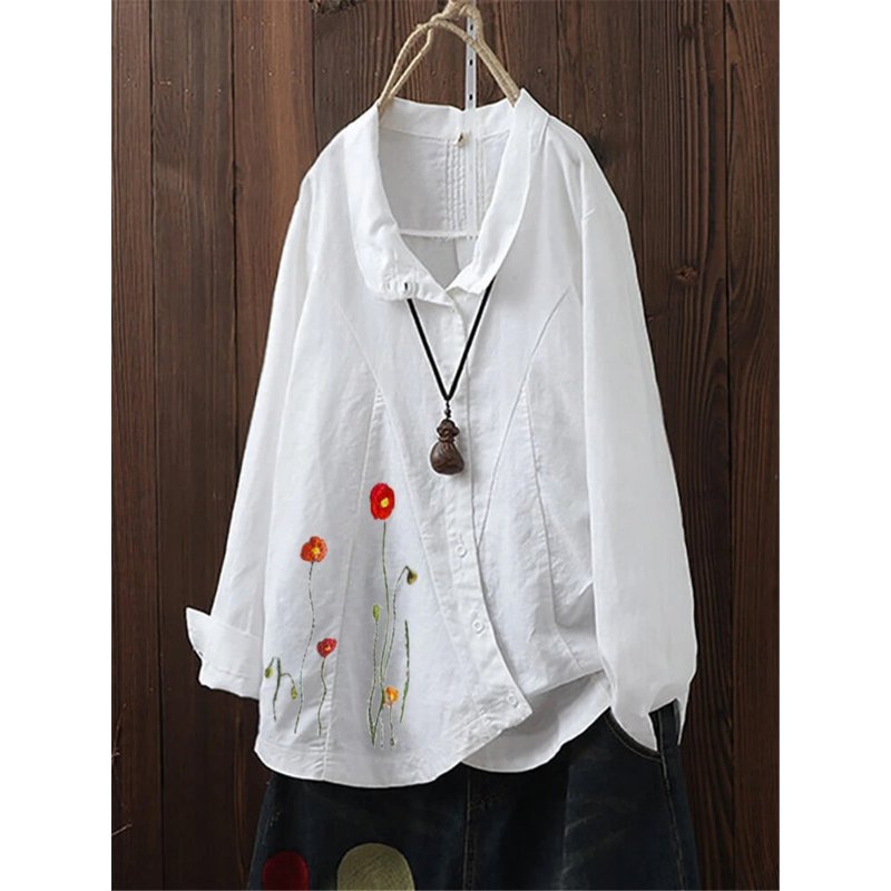 2021 Summer Hot Embroidered Cotton Linen Short Sleeve Loose Casual Button T-shirt Women